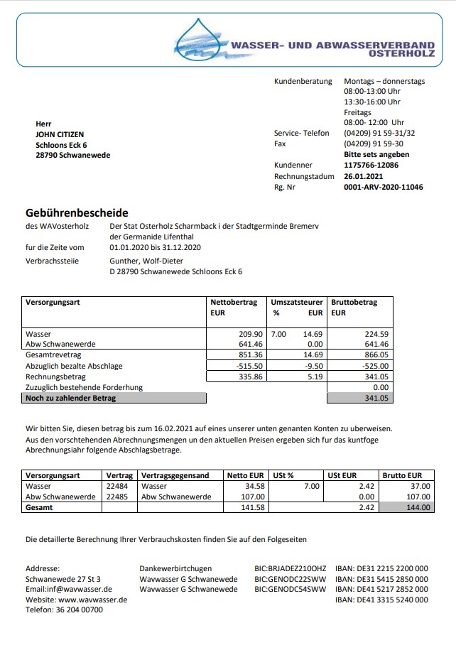 Germany Wavwasser utility bill